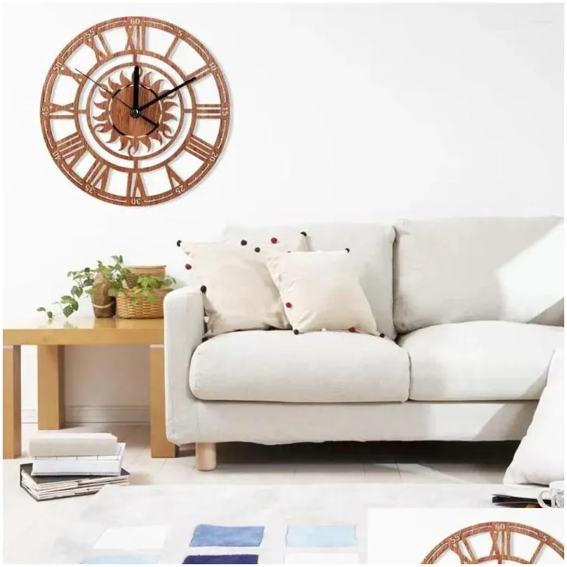 Wall Clocks Sun-shaped Wooden Clock Vintage Roman Numeral Creative Home Bedroom Decoration Digital X0B0