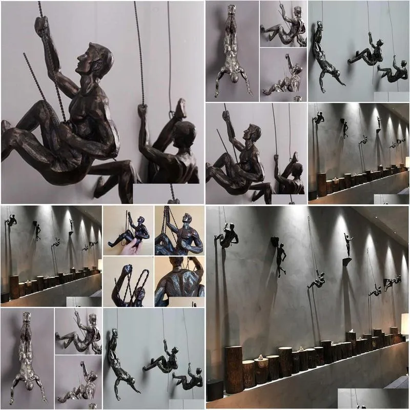 Novelty Items Industrial Style Climbing Man Resin Iron Wire Wall Hanging Decoration Scpture Figures Creative Retro Present Statue Deco Dhvjt
