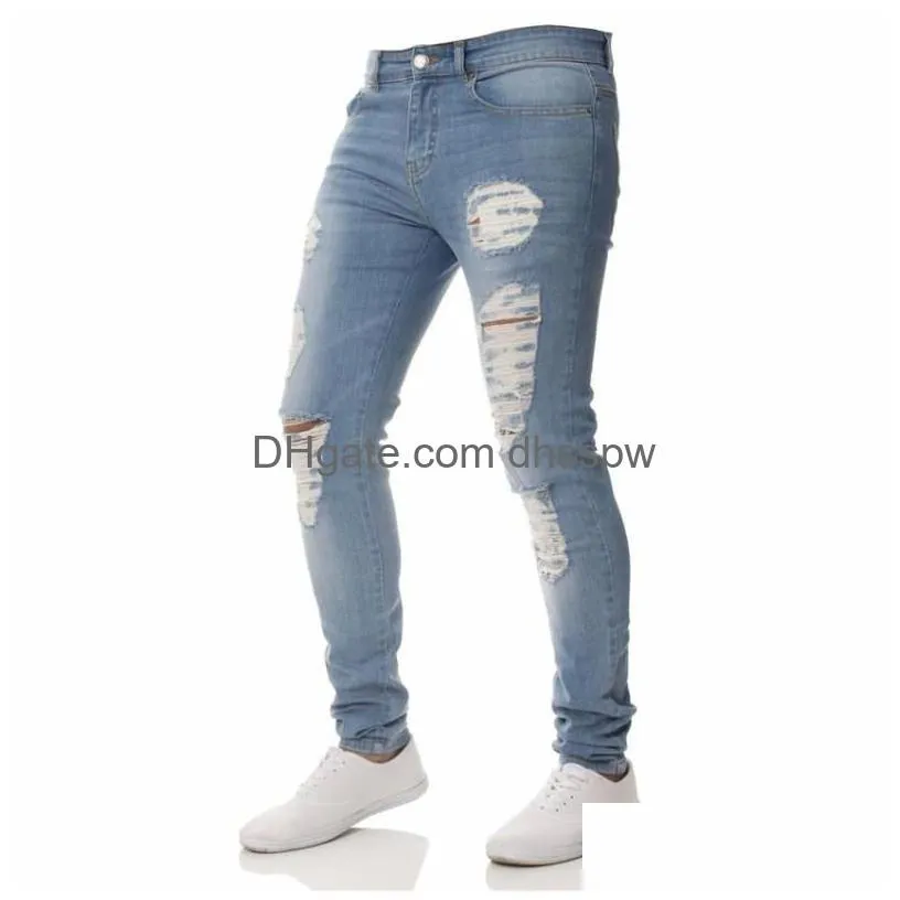 jeans men slim elastic waist skinny 2022 stretch ripped motorcycle denim pants streetwear mens blue