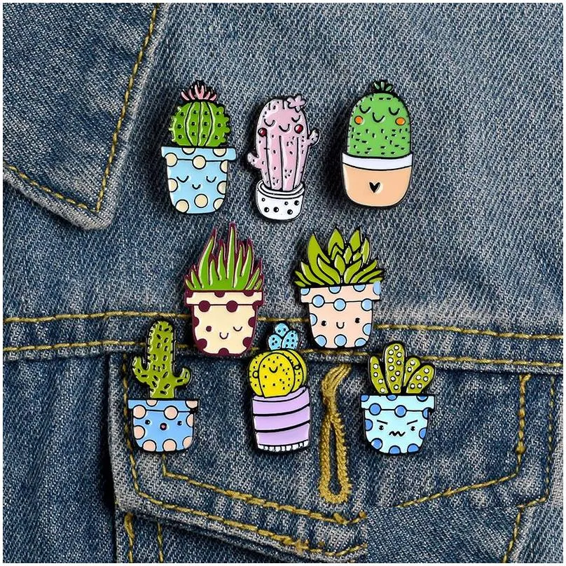 Cartoon Cactus Brooch Cute Mini Plant Pot Enamel Women Denim Jackets Lapel Pins Hat Badges Kid Jewelry Christmas Gift GD1241