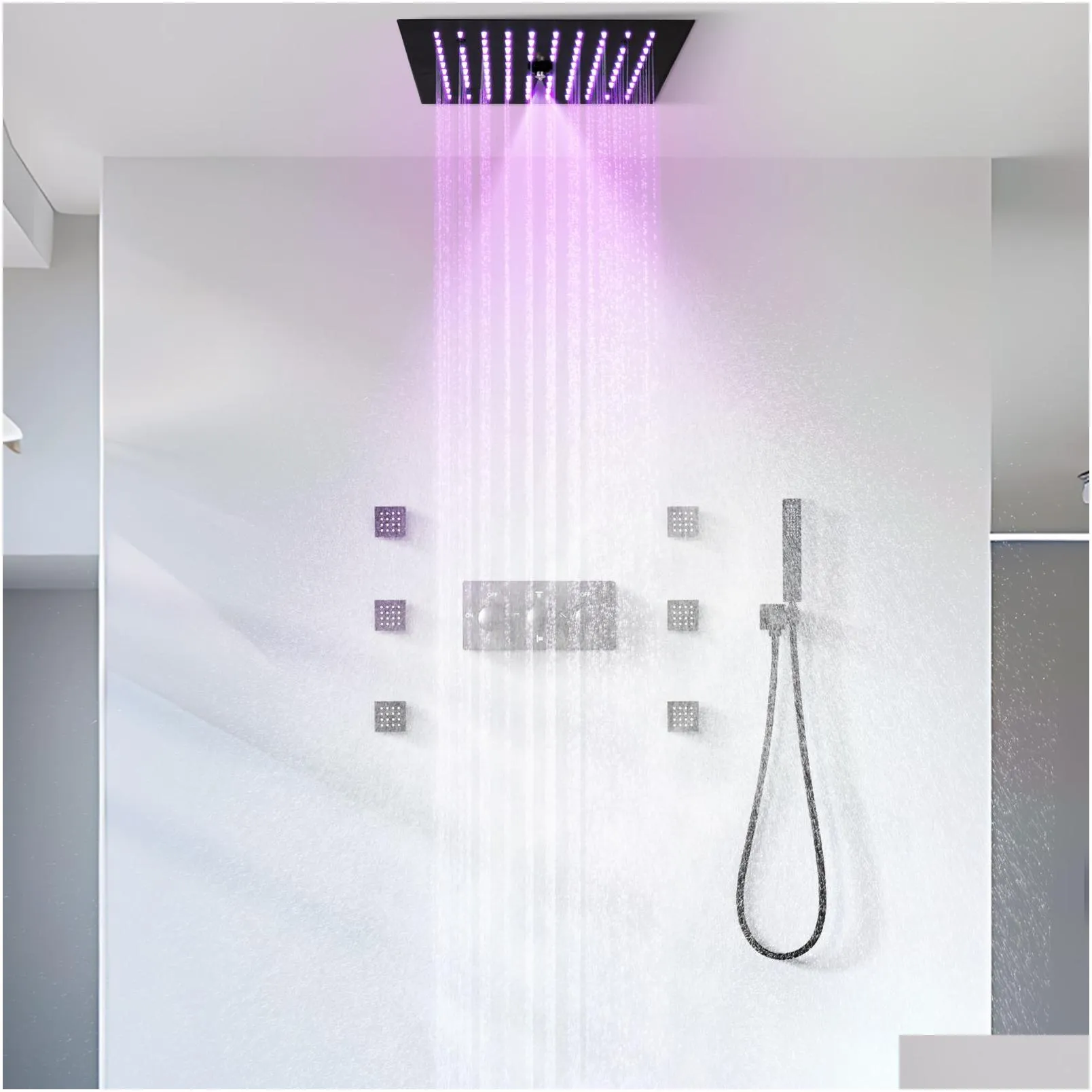Matte Black LED Shower System Ceiling Mounted 12 Inch Mist and Rain Shower Head Bathroom Cold and Hot Shower Faucet Set