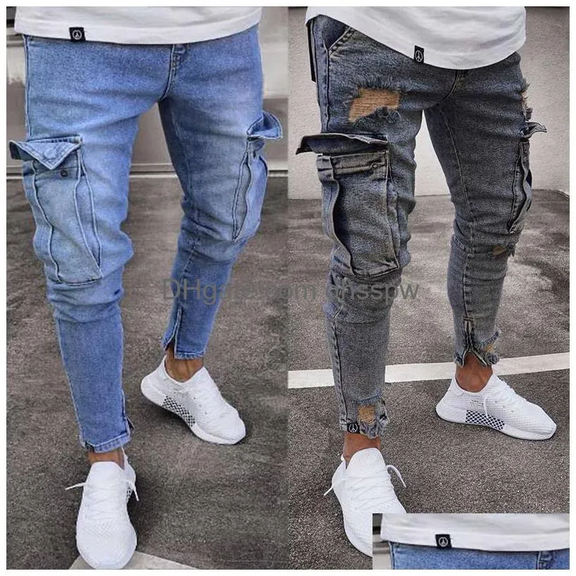 multi pocket men ripped skinny jeans destroyed frayed slim fit denim pant casual hole zipper nostalgic blue pants