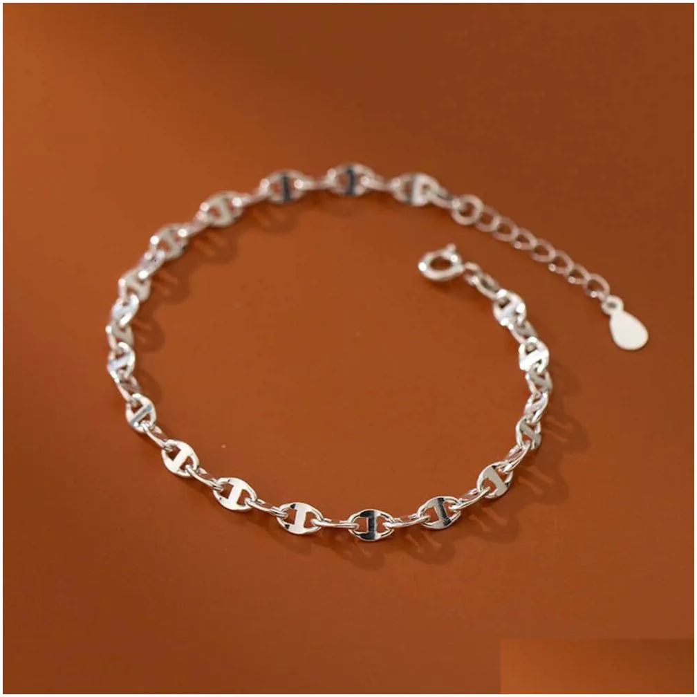 Eloqi S925 Silver Foot Chain Female Korean Version Personalized Simple Bracelet Hollowed Out Pig Nose Buckle Fashion S4672