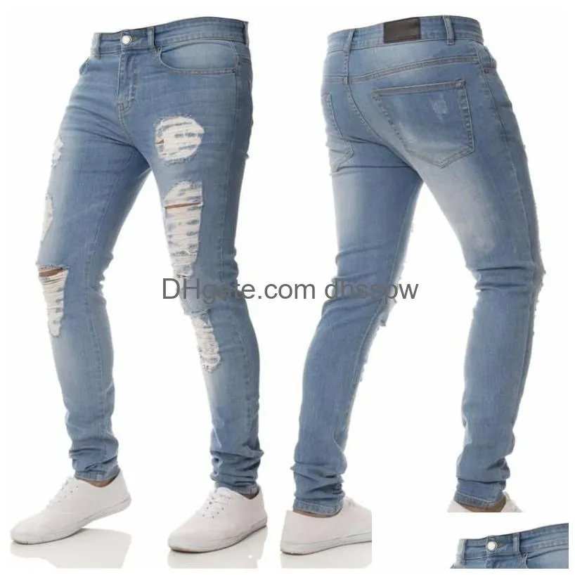 jeans men slim elastic waist skinny 2022 stretch ripped motorcycle denim pants streetwear mens blue