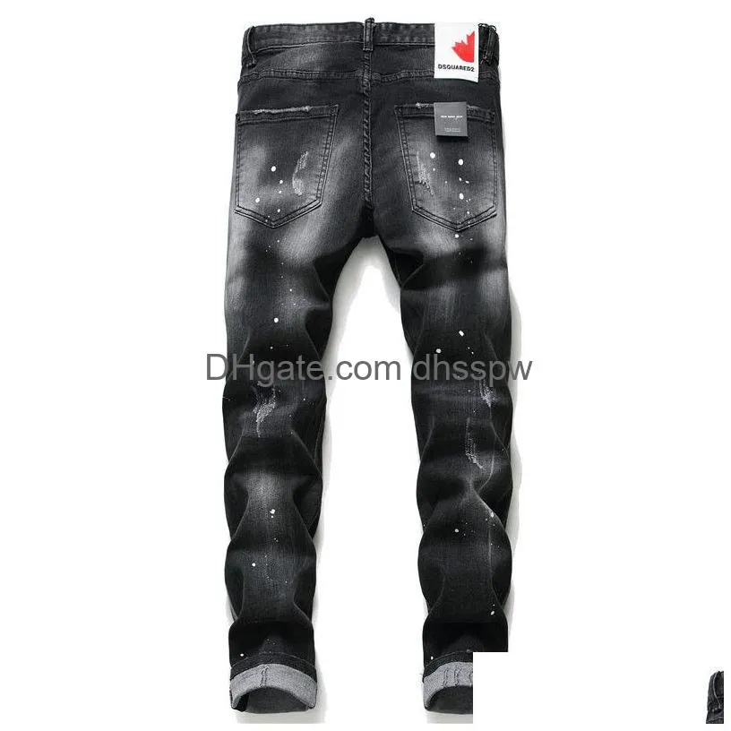 mens jeans rippedes paint dots stitching slim fit stretch pants 1010 115