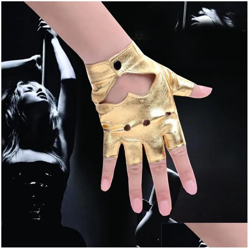 Sports Gloves Half Finger Pole Dancing PU Leather Heart-shaped Fingerless Hip- Disco Party Cosplay Sexy Mittens Girls Women Gold