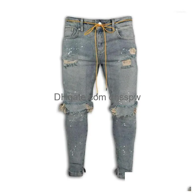 mens jeans fashion ankle zipper skinny stretch destroyed ripped paint point design1