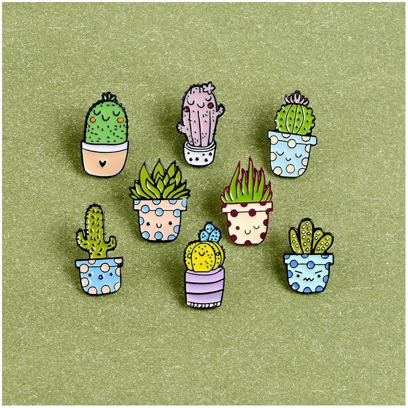 Cartoon Cactus Brooch Cute Mini Plant Pot Enamel Women Denim Jackets Lapel Pins Hat Badges Kid Jewelry Christmas Gift GD1241