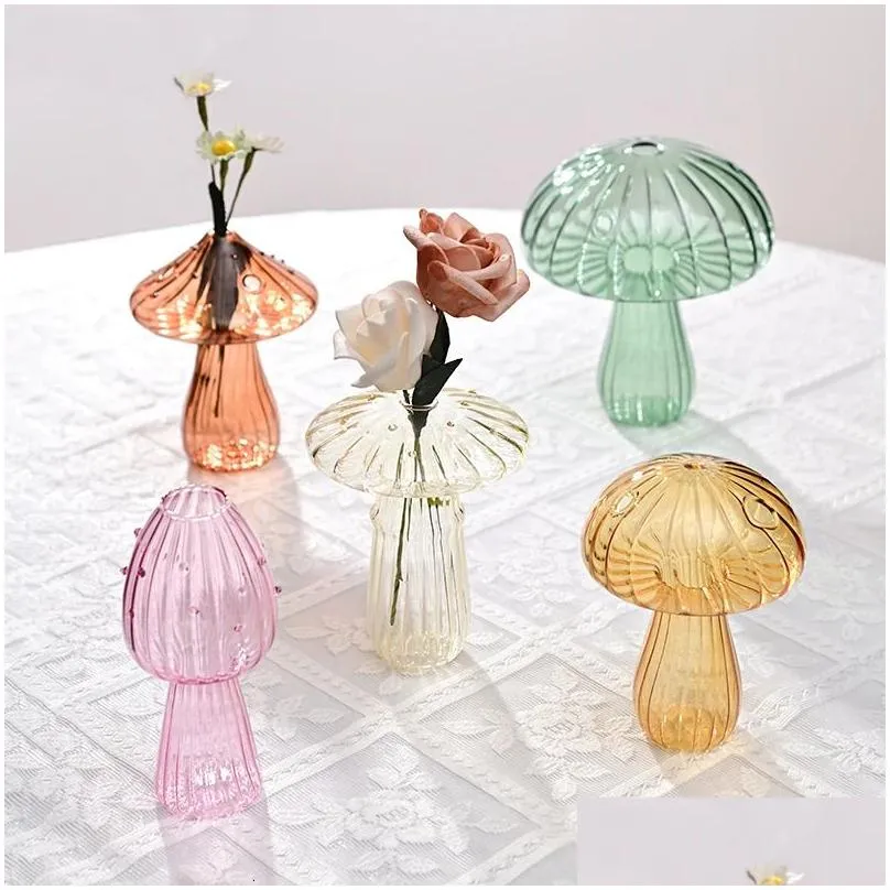 Vases Vases Mushroom Shaped Flower Vase Transparent Glass Plant Hydroponic Aromatherapy Bottle Desktop Decoration Ornament 231009 Drop Dhbfw