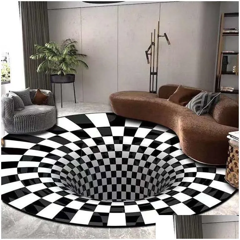 Carpets Carpets 3D Round For Living Room Simple Black White Stereo Vision Carpet Area Rugs Geometric Anti-Skid Home Bedroom Floor Mat Dhgay