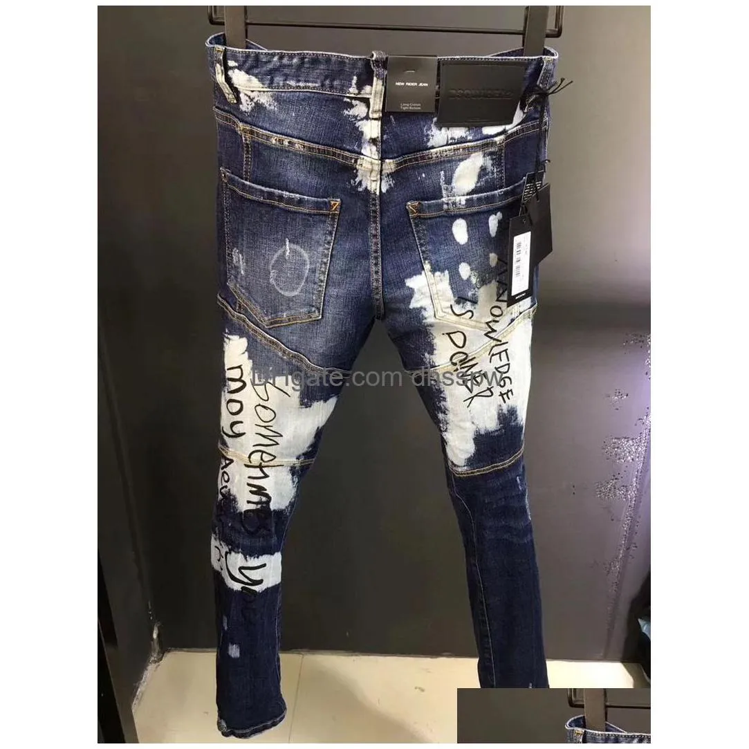 mens jeans street style fashion men high quality retro blue printed designer slim fit ripped hip hop splashed denim pantsmens