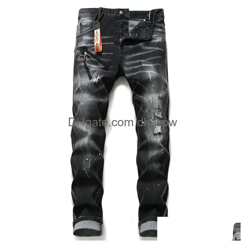 mens jeans rippedes paint dots stitching slim fit stretch pants 1010 115