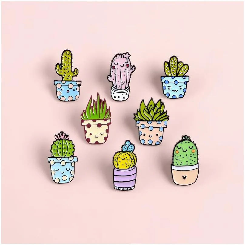 Cartoon Cactus Brooch Cute Mini Plant Pot Enamel Women Denim Jackets Lapel Pins Hat Badges Kid Jewelry Christmas Gift GD1241