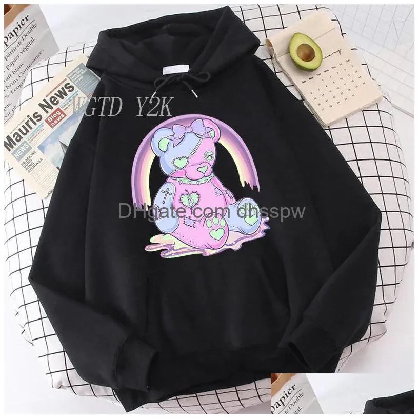 womens hoodies pastel goth bear print winter warm pocket pullovers anime kawaii style hoodie fashion casual unisex sweatshirt