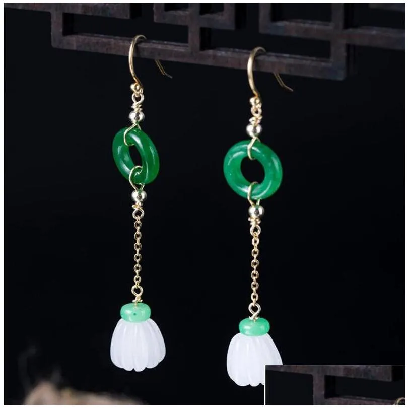 New Vintage Ethnic 925 Sterling Silver White Jade Pumpkin Dangle Earrings Classic Handmade Green Stone Circle Long Chain Drop Earring For