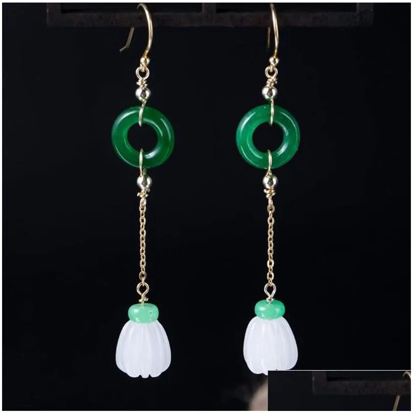 New Vintage Ethnic 925 Sterling Silver White Jade Pumpkin Dangle Earrings Classic Handmade Green Stone Circle Long Chain Drop Earring For