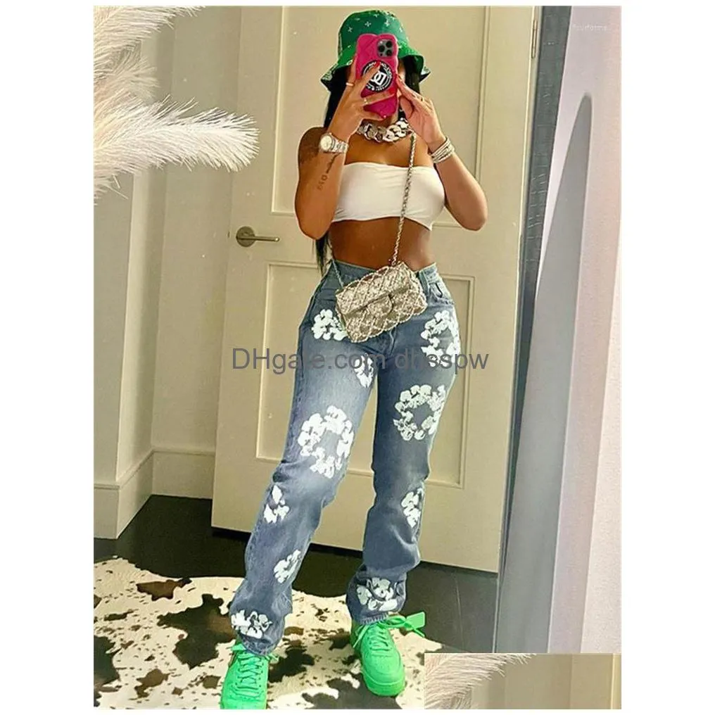 womens jeans akaily fall floral print for women streetwear 2023 blue high waist baggy ladies solid casual straight long pants