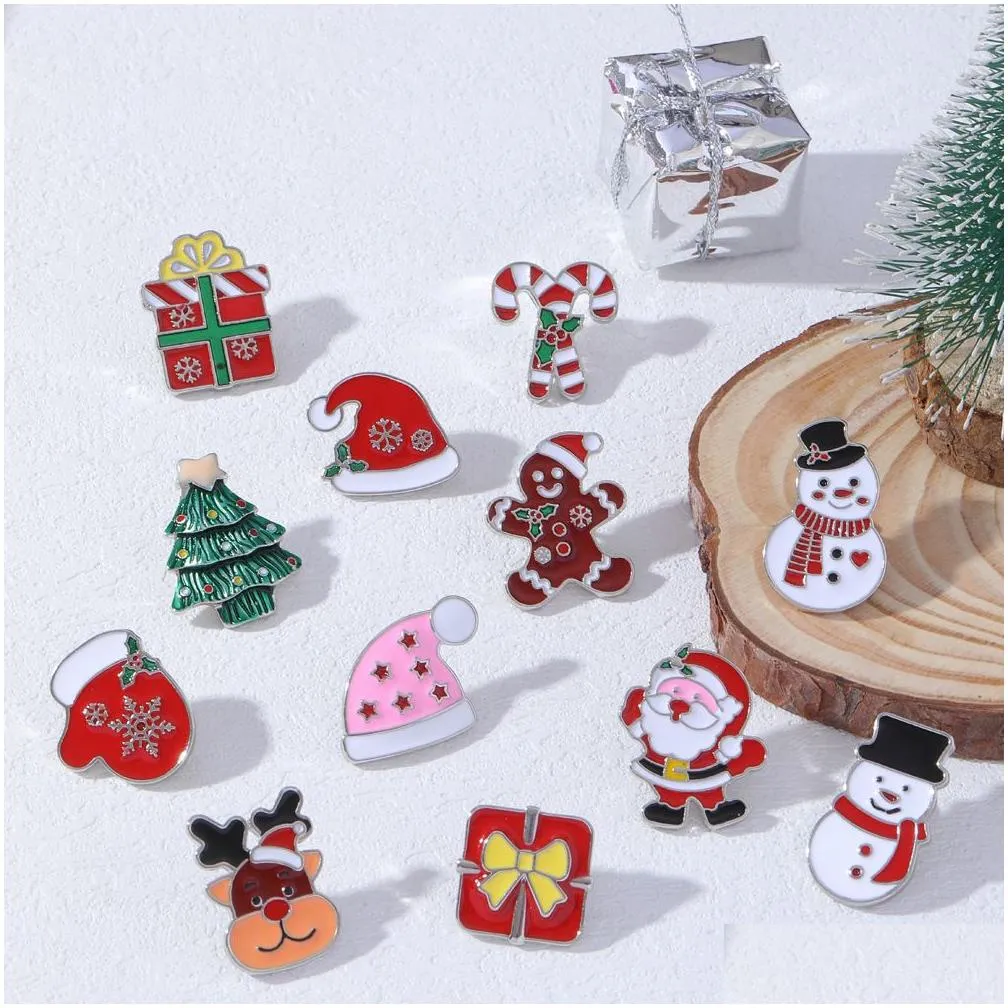 2022 Winter Cartoon Christmas Brooch Pins 12pcs Set Tree Hat Glove Alloy Enamel Silver Plated Brooches for Children Small Jewelry Gift Badge Shirt