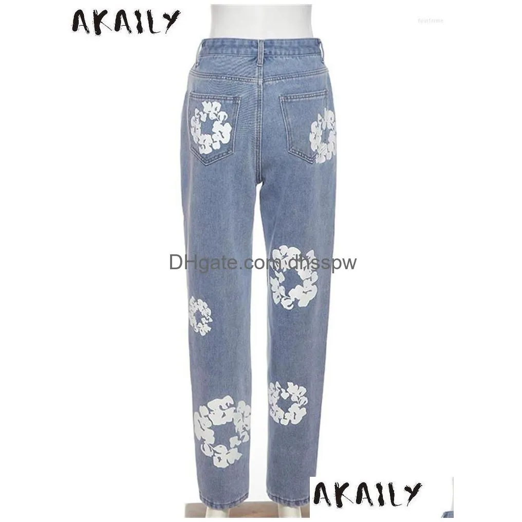 womens jeans akaily fall floral print for women streetwear 2023 blue high waist baggy ladies solid casual straight long pants
