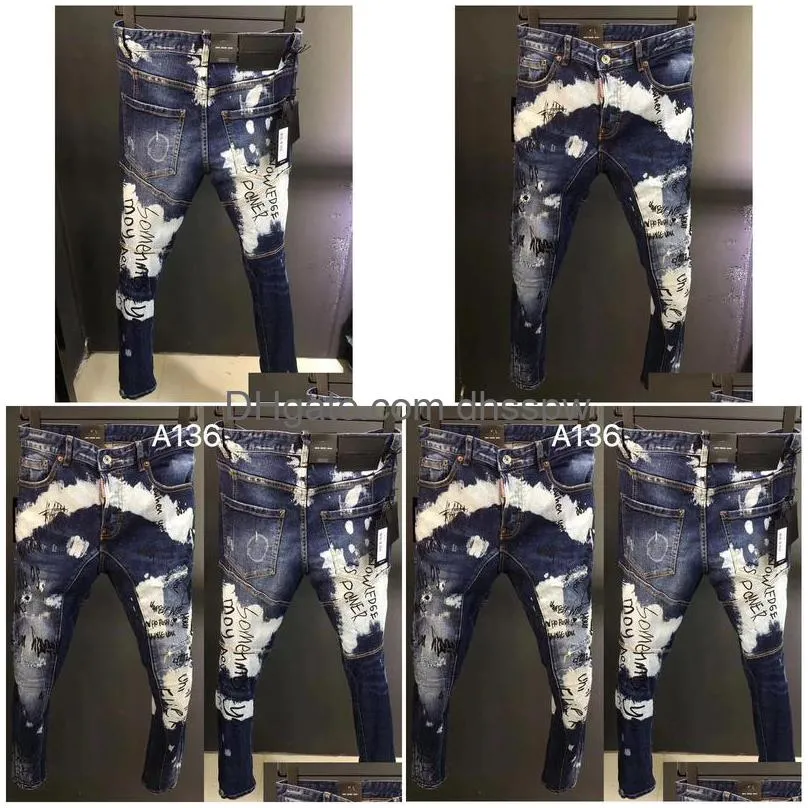 mens jeans street style fashion men high quality retro blue printed designer slim fit ripped hip hop splashed denim pantsmens