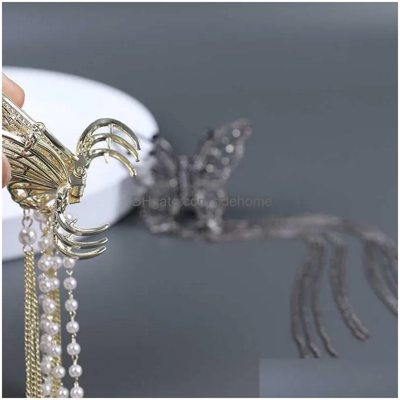 Dangle & Chandelier Dangle Chandelier Korean Butterfly Pearl Tassel Hair Clip Women Crystal Simple Claw Shark Crab Clips Girls Hairpin Dhnul