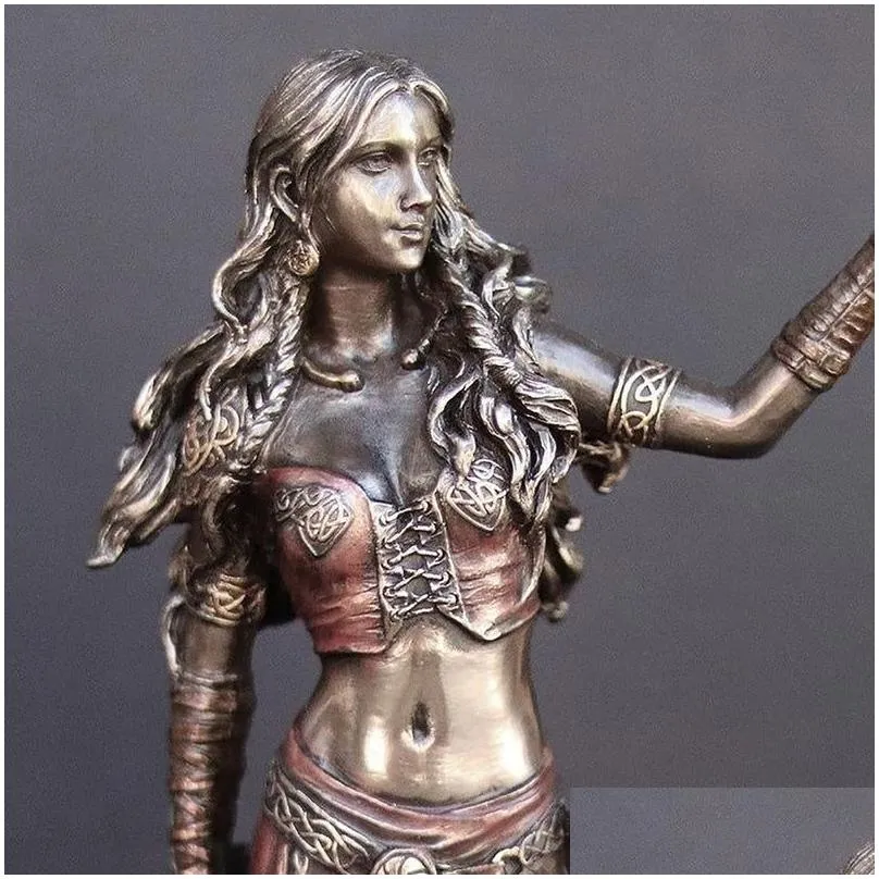 Decorative Objects & Figurines Resin Statues Morrigan The Celtic Goddess Of Battle With Crow Sword Bronze Finish Statue 15Cm For Home Dhrjj