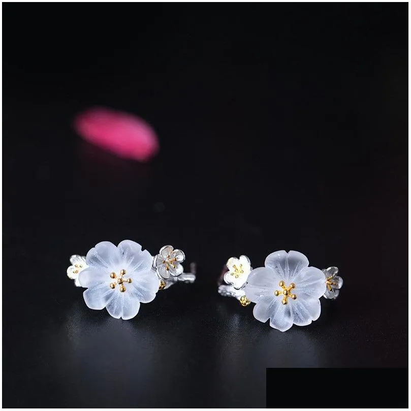 925 Sterling Silver Plum Stud Earrings Female Ethnic Handmade Blooming Flower Wedding Earring For Women Mother Gifts