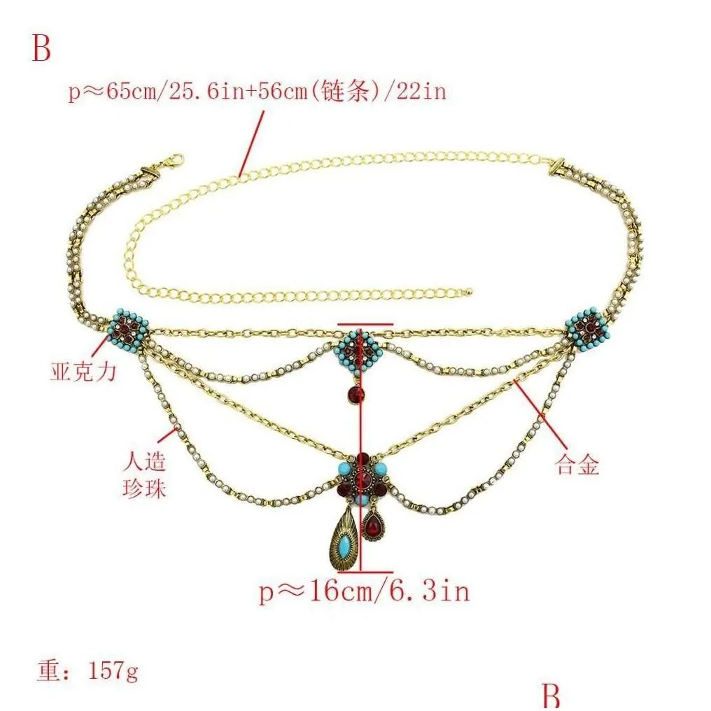 Belly Chains Egyptian Gold Metal Blue Crystal Tassel Waist Chain Beach Leisure Women Hollow Belt Turkish Indian Vintage Jewelry Drop D
