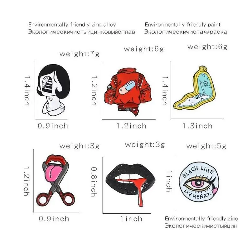 Punk Style Lips Clock Kawaii Enamel Pins Badge Buttons Brooch Shirt Denim Jacket Bag Decorative Brooches for Women Men