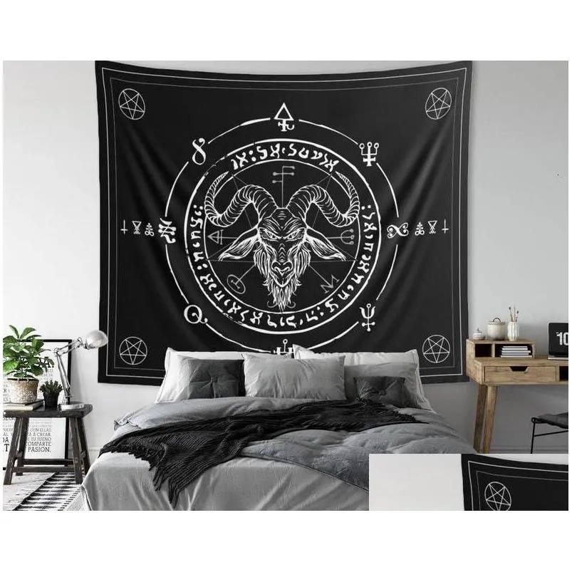 Tapestries Tapestries Sigil Of Lucifer Tapestry Baphomet Wall Hanging Goat Head Devil Horns Pentagram Pentacle Witchy Satanic Goth Dec Dhgb4