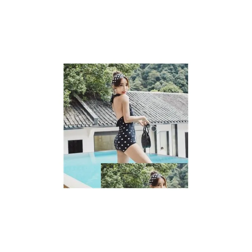 Hot Spring Bathing Suit Sexy Chest Gather Cover Belly Thin White Dot Printed One Piece Black Swimsuit