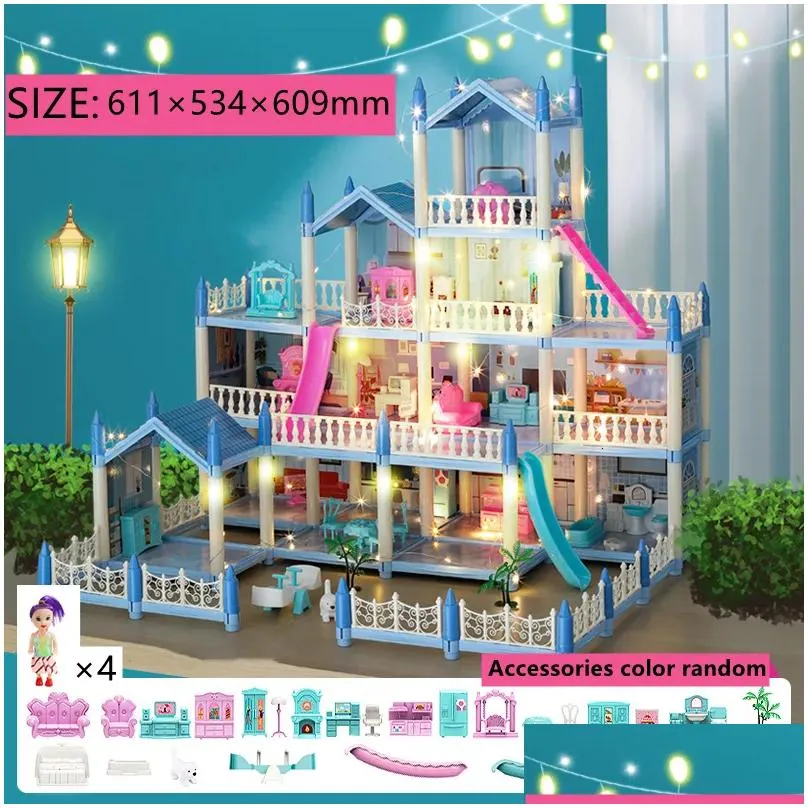 Doll House Accessories Doll House Accessories Houses 3D Assembled Diy Miniatures Dollhouse Villa Princess Castle With Led Light Girl B Dhdsi