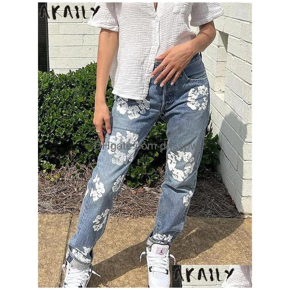 womens jeans akaily fall floral print for women streetwear 2023 blue high waist baggy ladies solid casual straight long pants