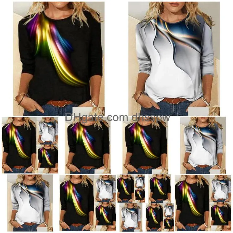 womens t-shirt casual color-changing printed round neck long sleeve t-shirt