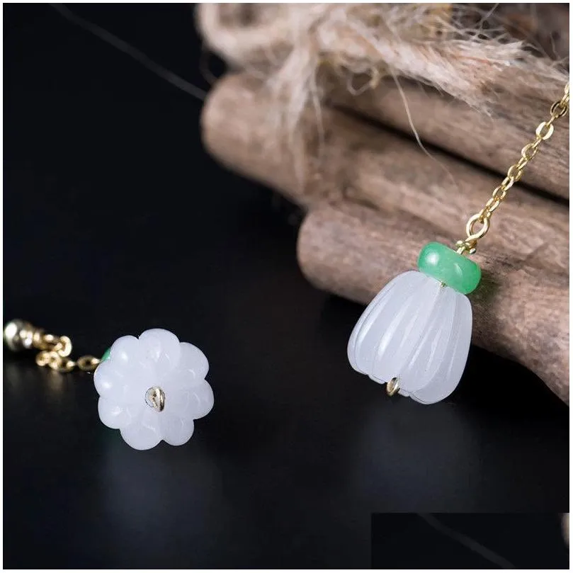 New Vintage Ethnic 925 Sterling Silver White Jade Pumpkin Dangle Earrings Classic Handmade Green Stone Circle Long Chain Drop Earring For
