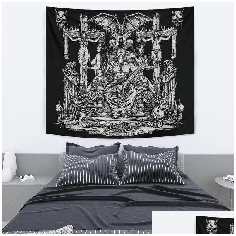 Tapestries Tapestries Sigil Of Lucifer Tapestry Baphomet Wall Hanging Goat Head Devil Horns Pentagram Pentacle Witchy Satanic Goth Dec Dhgb4