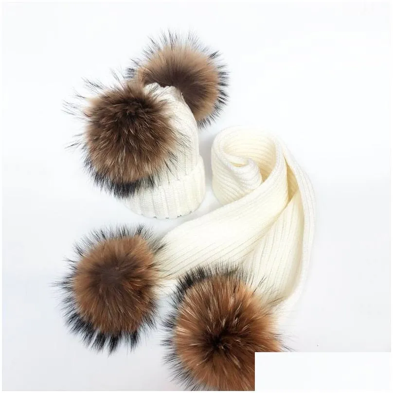 New children`s double hair ball woolen hat scarf set men and women thickened raccoon fur knitted ear cap