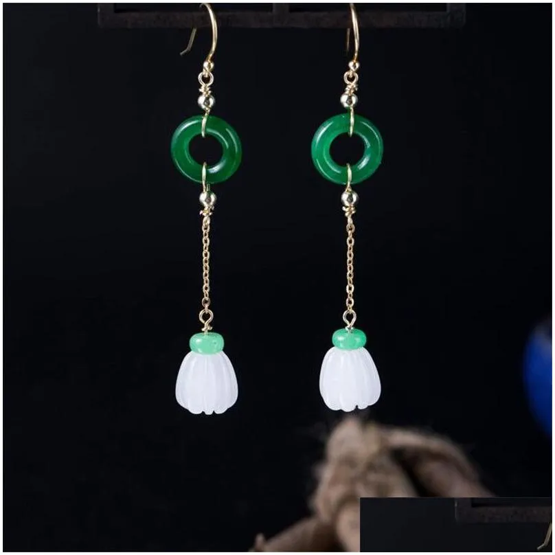 New Vintage Ethnic 925 Sterling Silver White Jade Pumpkin Dangle Earrings Classic Handmade Green Stone Circle Long Chain Drop Earring For