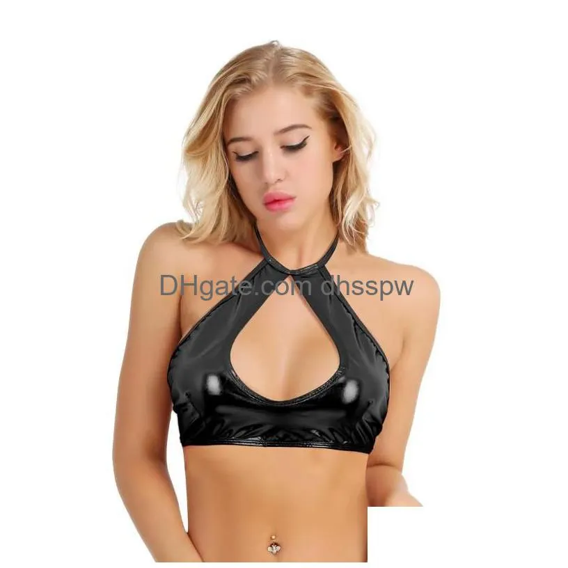 bras sets wetlook sexy candy color crop tops halter hollow out bandage pu leather shiny pole dance clubwear camisole exotic tank camis