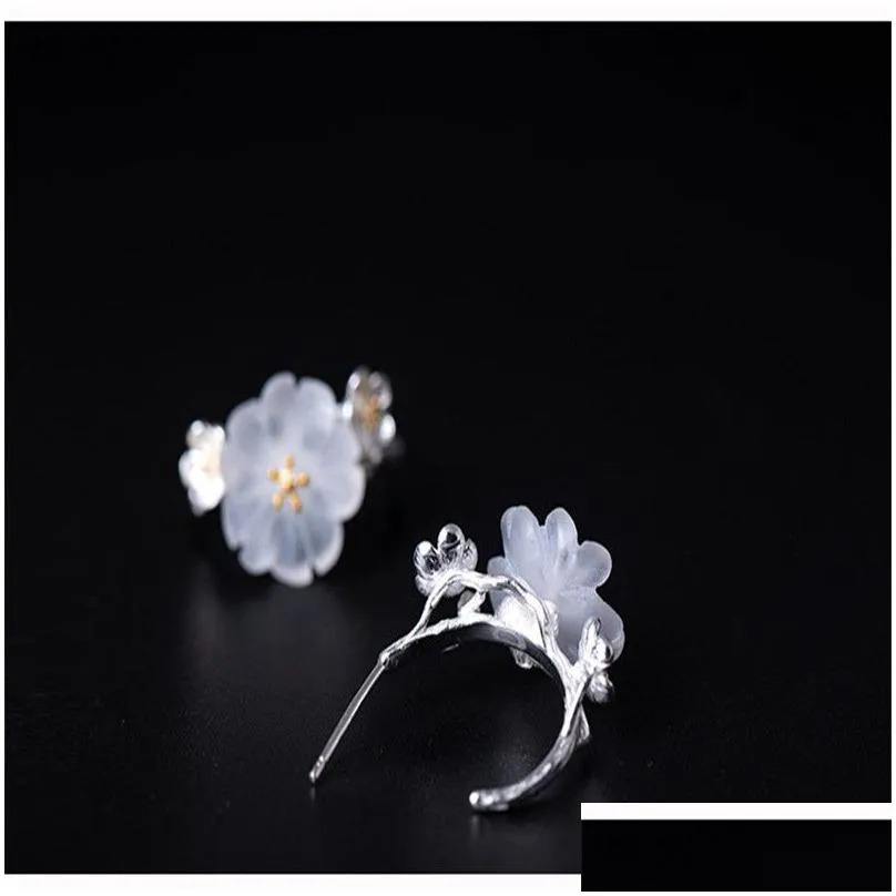 925 Sterling Silver Plum Stud Earrings Female Ethnic Handmade Blooming Flower Wedding Earring For Women Mother Gifts