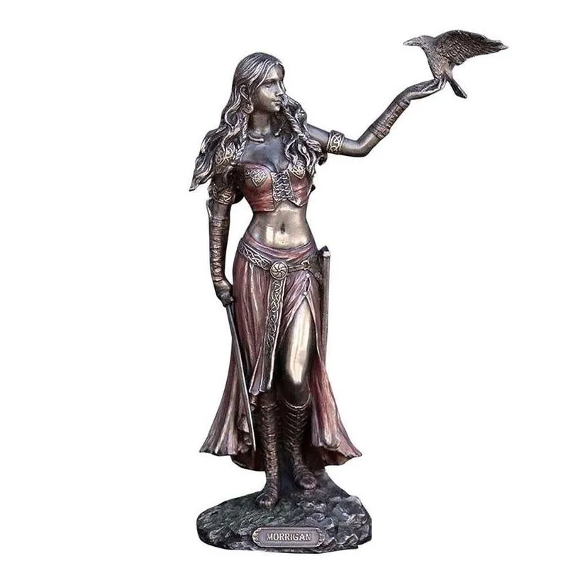 Decorative Objects & Figurines Resin Statues Morrigan The Celtic Goddess Of Battle With Crow Sword Bronze Finish Statue 15Cm For Home Dhrjj