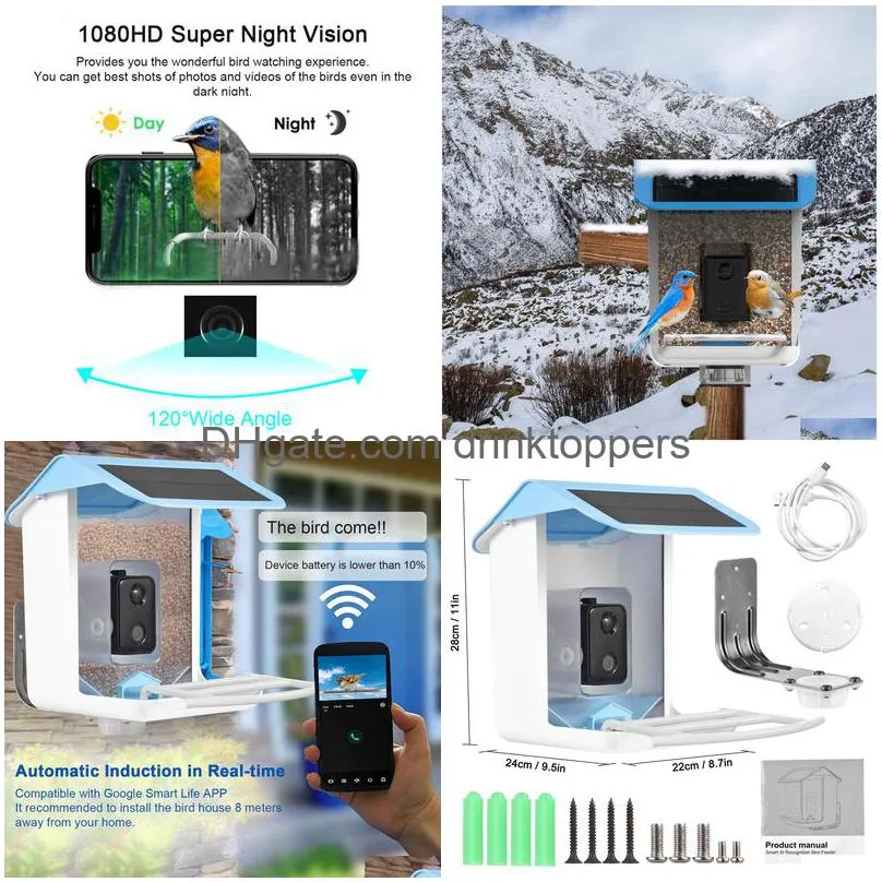 garden decorations solar smart bird feeder with camera 1080hd night vision ai recognition species connection auto capture 230925