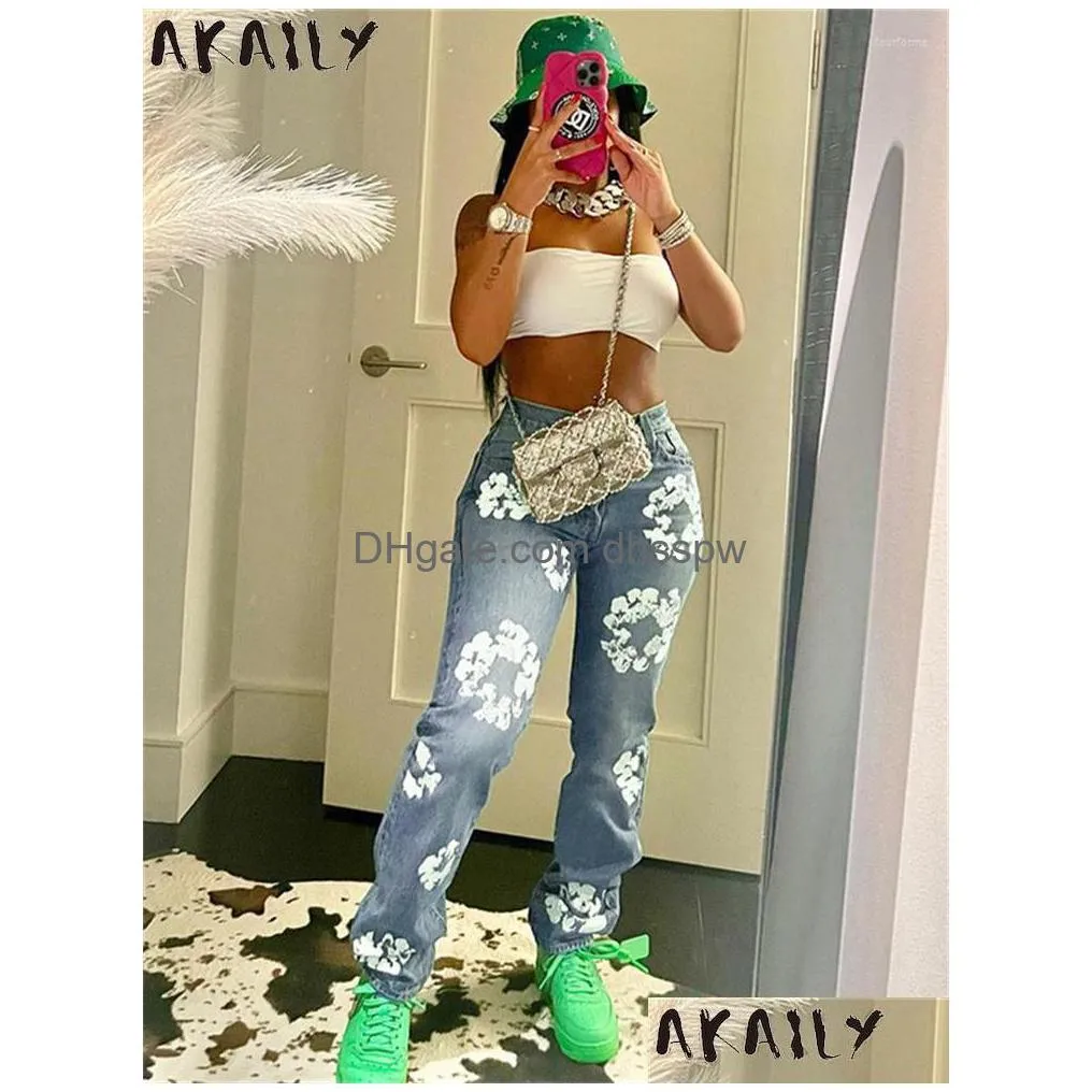 womens jeans akaily fall floral print for women streetwear 2023 blue high waist baggy ladies solid casual straight long pants