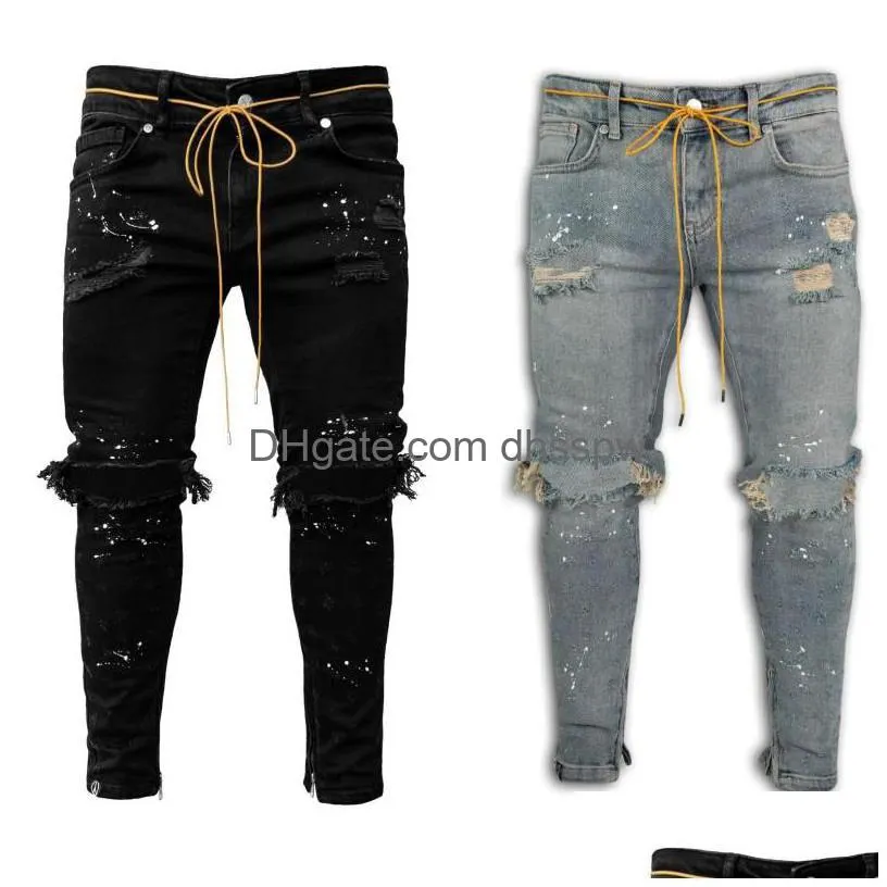 mens jeans fashion ankle zipper skinny stretch destroyed ripped paint point design1