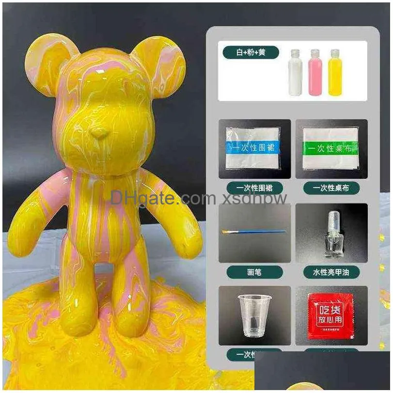 23cm large hand-made parent-child diy fluid bear ornament hand-made graffiti colored bear pigment fluid trend bear material t220730