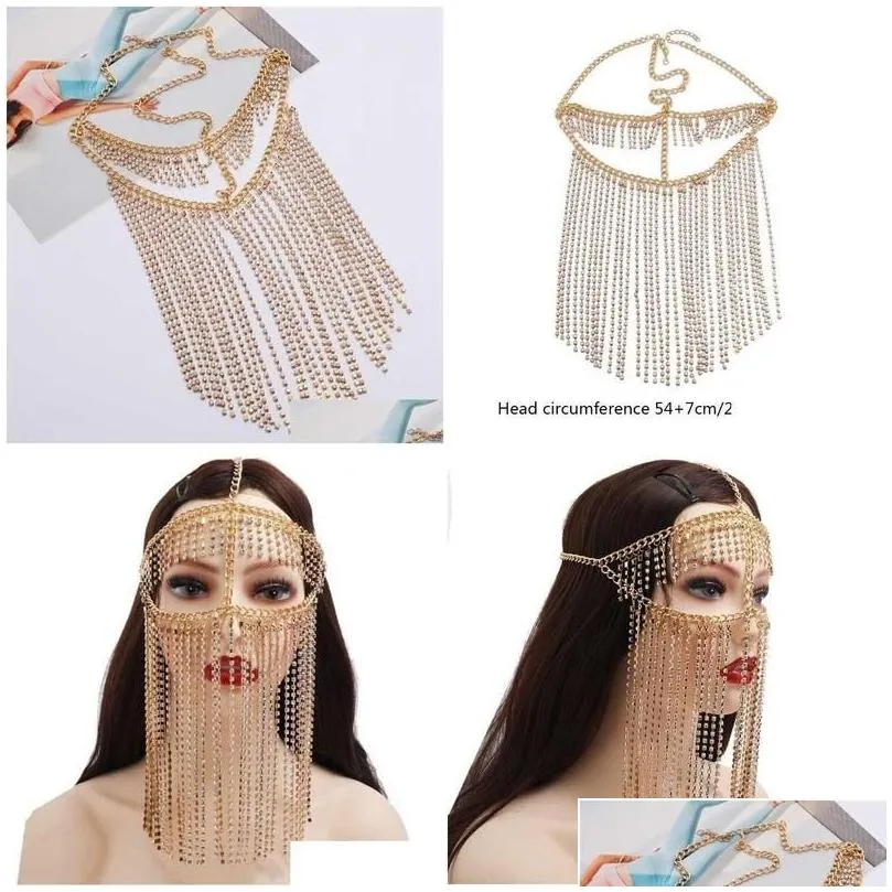 Belly Chains Women Handmade Faux Crystal Tassel Masquerade Mask Veil Face Chain Dance Stage Cosplay Party Headband Boho Festival Hair