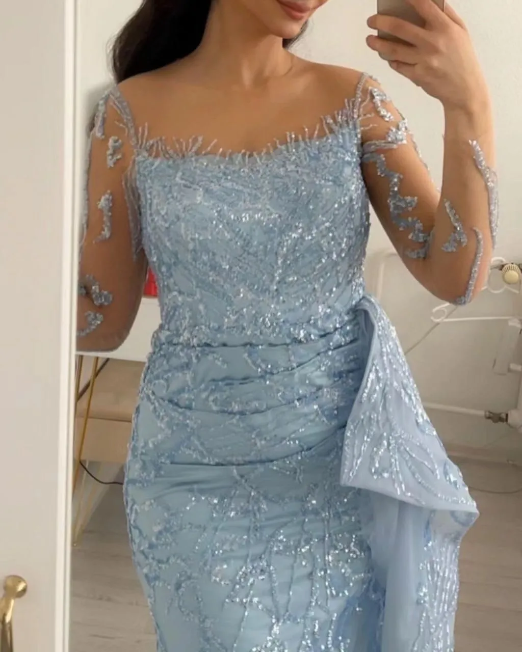 2023 Nov Aso Ebi Arabic Light Sky Blue Mermaid Mother Of The Bride Dresses Sheer Neck Evening Prom Formal Party Birthday Celebrity Mother Of Groom Gowns Dress ZJ041