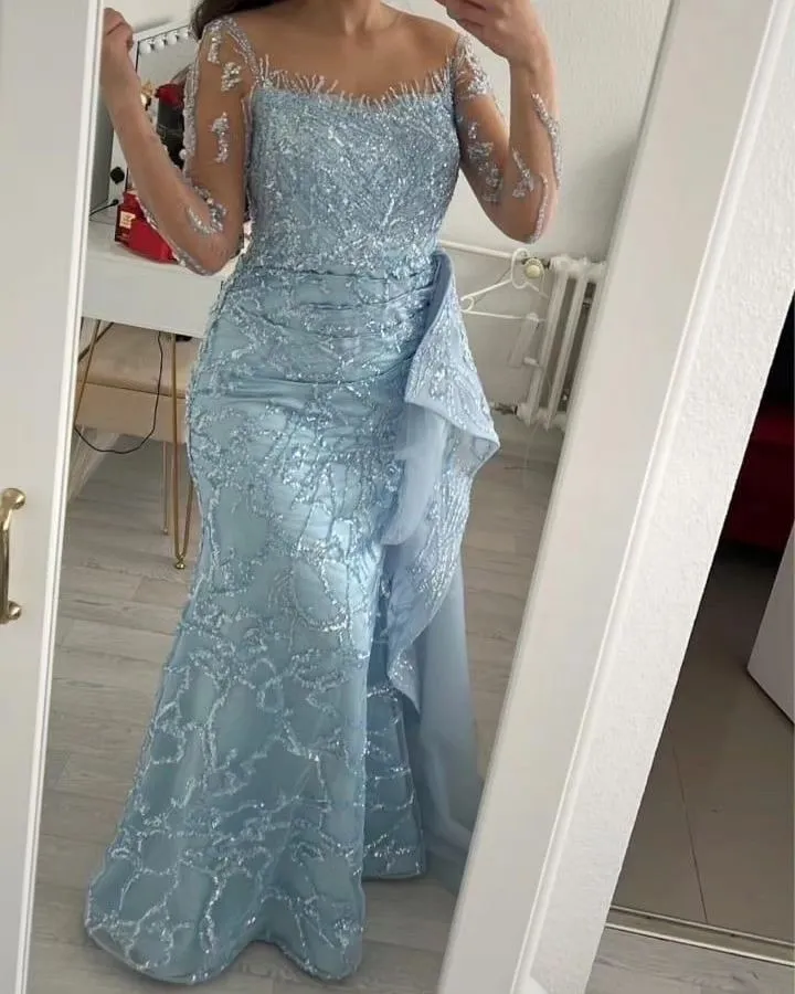 2023 Nov Aso Ebi Arabic Light Sky Blue Mermaid Mother Of The Bride Dresses Sheer Neck Evening Prom Formal Party Birthday Celebrity Mother Of Groom Gowns Dress ZJ041