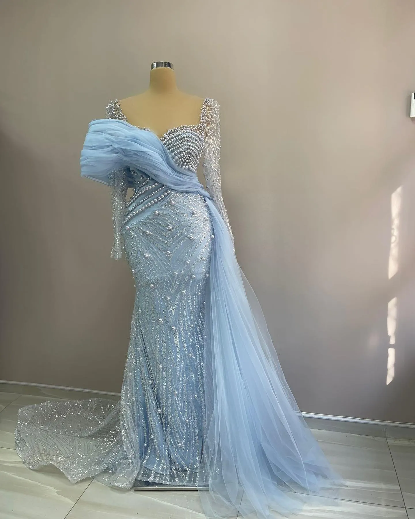 2023 Nov Aso Ebi Arabic Light Sky Blue Mermaid Mother Of The Bride Dresses Sequined Lace Evening Prom Formal Party Birthday Celebrity Mother Of Groom Gowns Dress ZJ040