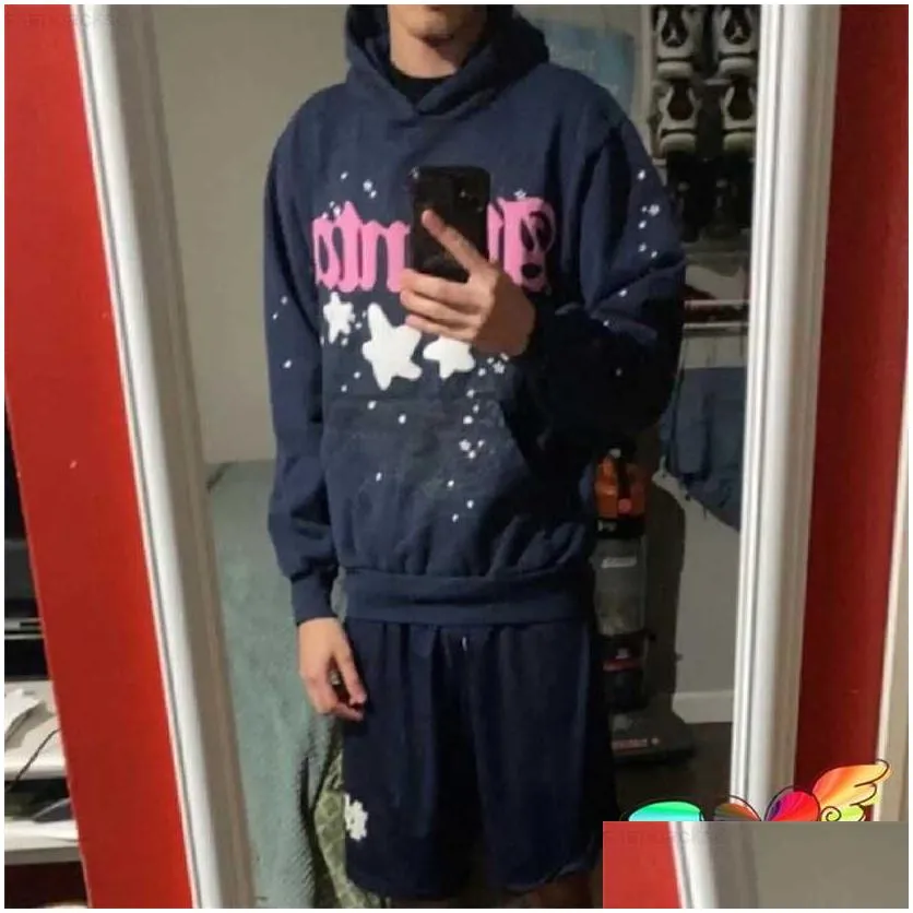 spider hoodie mens hoodies 2023 navy blue   men women pink young thug spider hip hop 555555 sweatshirt star pullovers